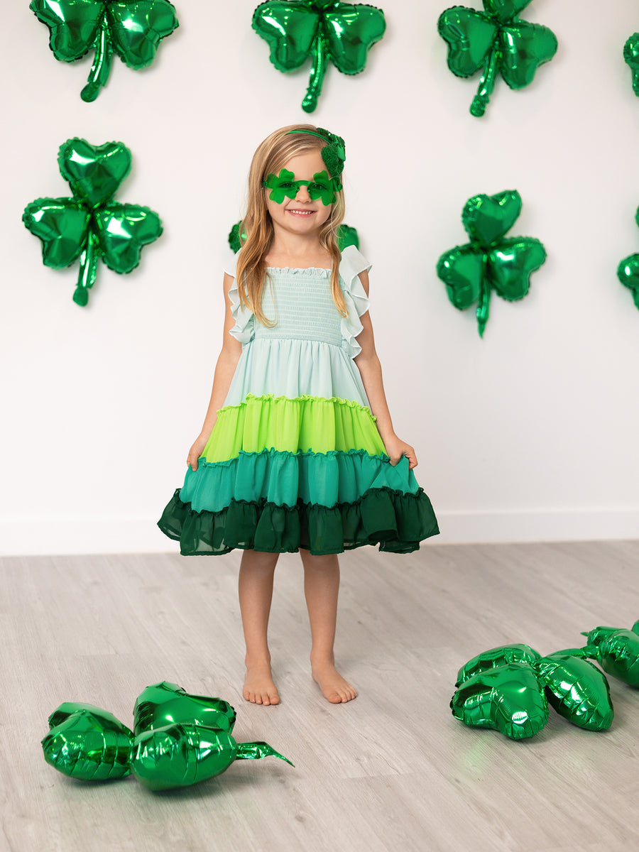 St. Patrick's Day Ombre Ruffle Dress for Girls – Green Gradient Layers