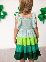 St. Patrick's Day Ombre Ruffle Dress for Girls – Green Gradient Layers