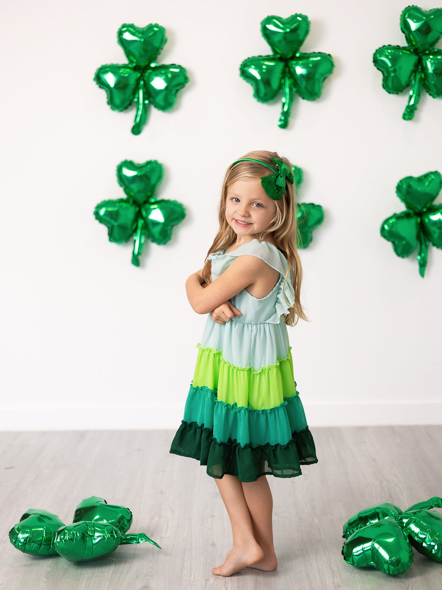 St. Patrick's Day Ombre Ruffle Dress for Girls – Green Gradient Layers