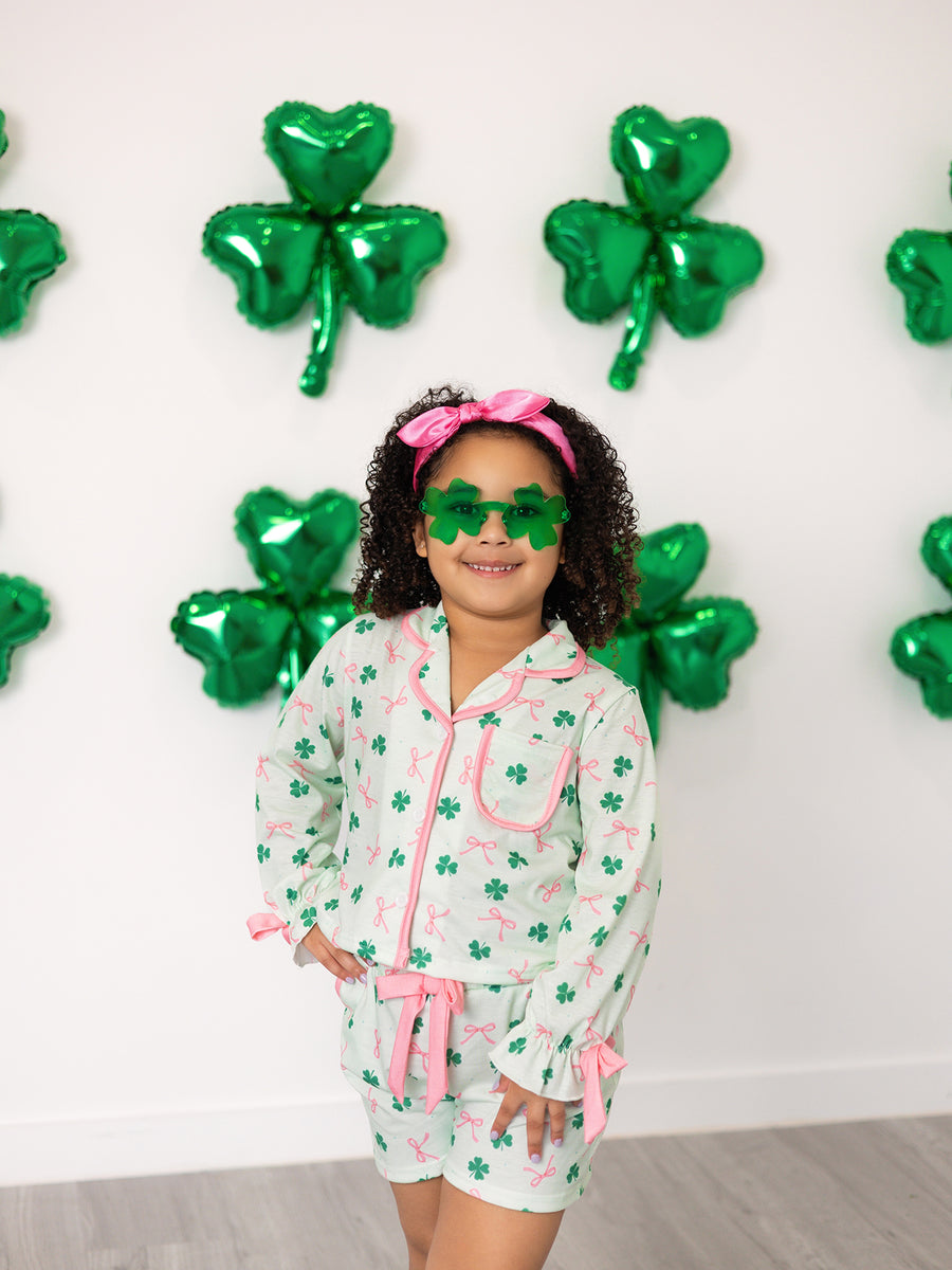 St. Patrick's Day Bow Shamrock Print Ruffles Girls Pajama Set