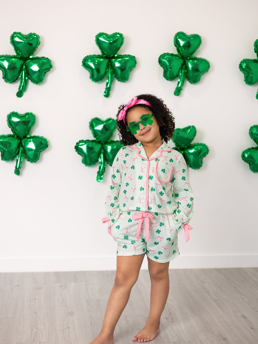 St. Patrick's Day Bow Shamrock Print Ruffles Girls Pajama Set