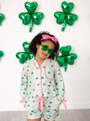 St. Patrick's Day Bow Shamrock Print Ruffles Girls Pajama Set