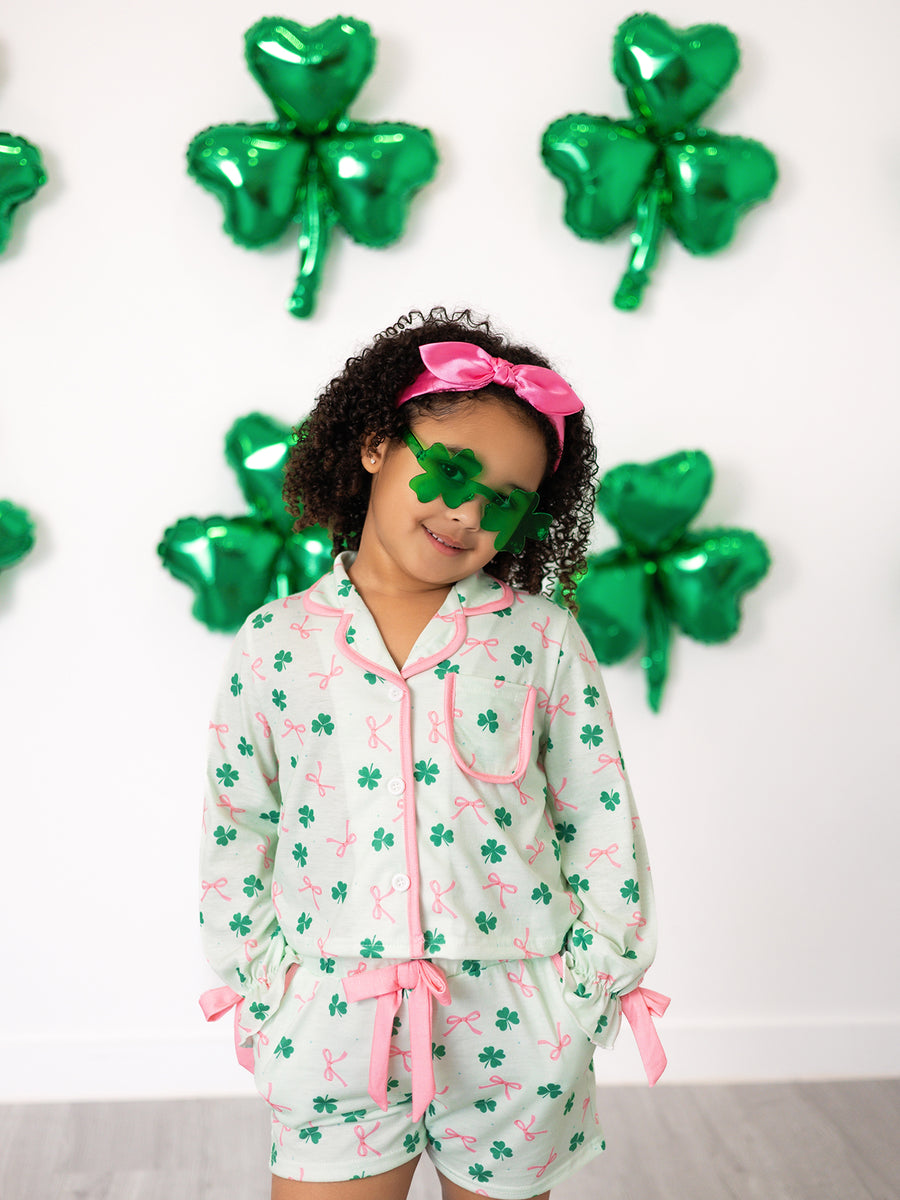St. Patrick's Day Bow Shamrock Print Ruffles Girls Pajama Set