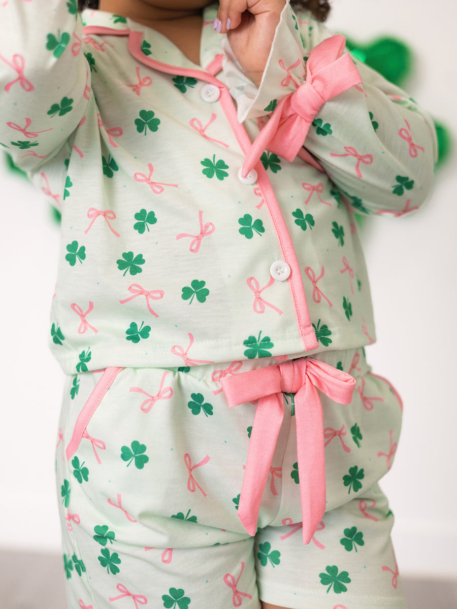 St. Patrick's Day Bow Shamrock Print Ruffles Girls Pajama Set