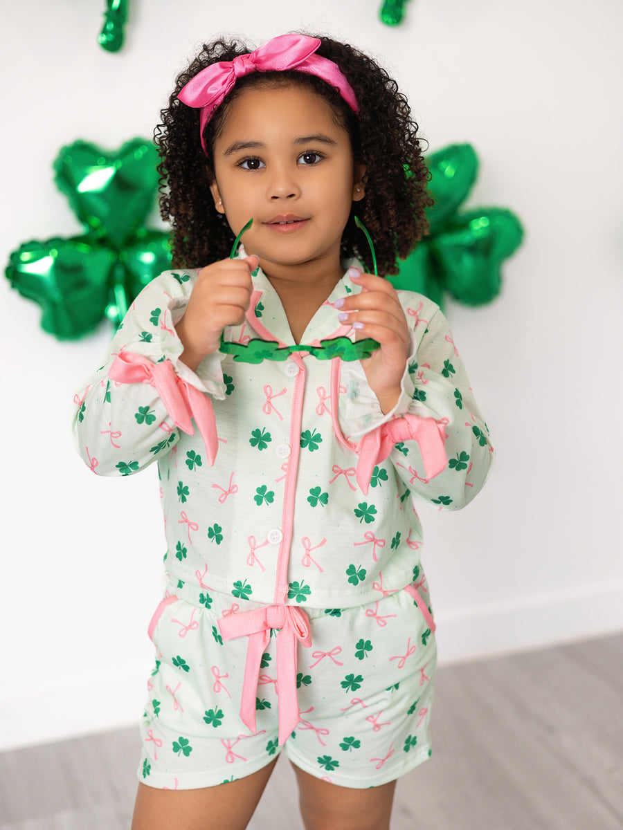 St. Patrick's Day Bow Shamrock Print Ruffles Girls Pajama Set