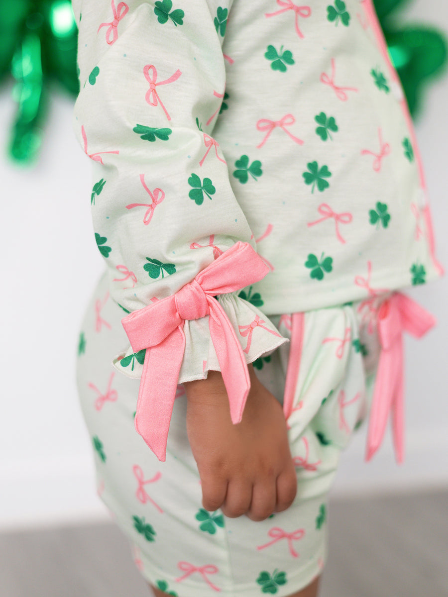 St. Patrick's Day Bow Shamrock Print Ruffles Girls Pajama Set