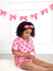 Girls Baseball Bow Print Pajama Set Short Sleeve Pink