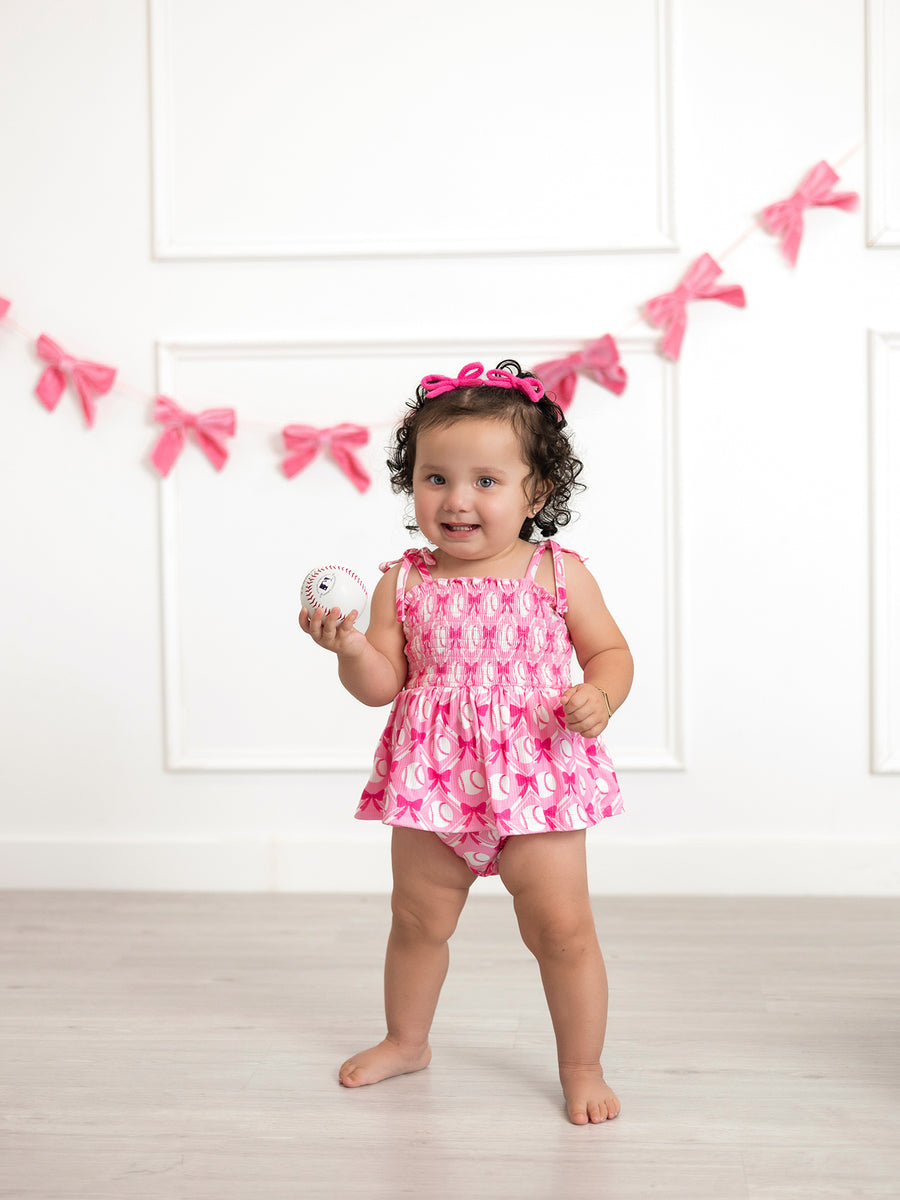 Baby Girl Pink Baseball Bow Print Romper Summer Outfit 3M Baby Girl Pink Baseball Bow Print Romper Summer Outfit 3M