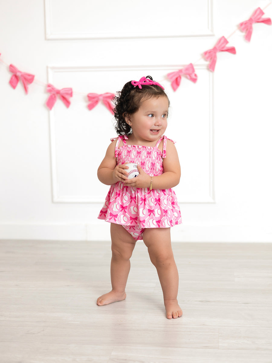 Baby Girl Pink Baseball Bow Print Romper Summer Outfit