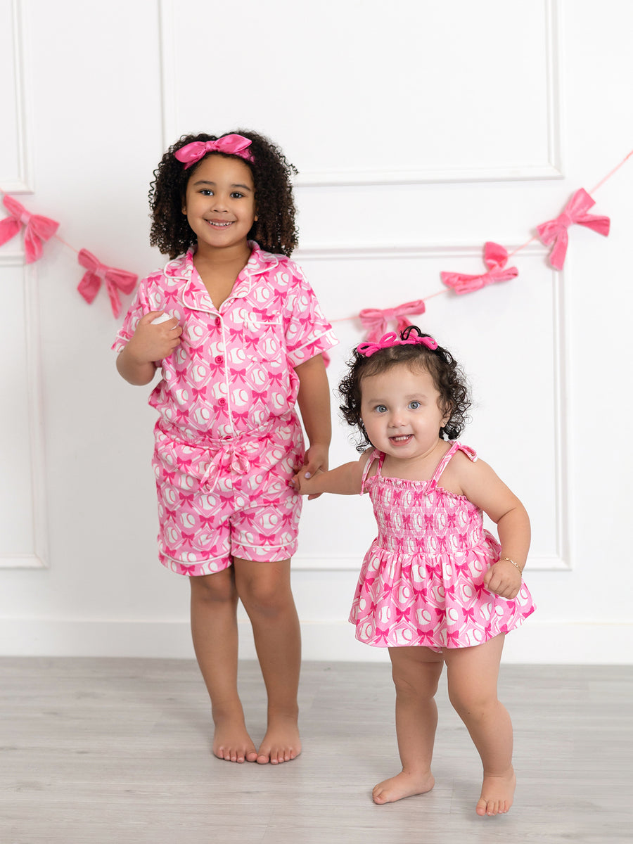 Girls Baseball Bow Print Pajama Set Short Sleeve Pink