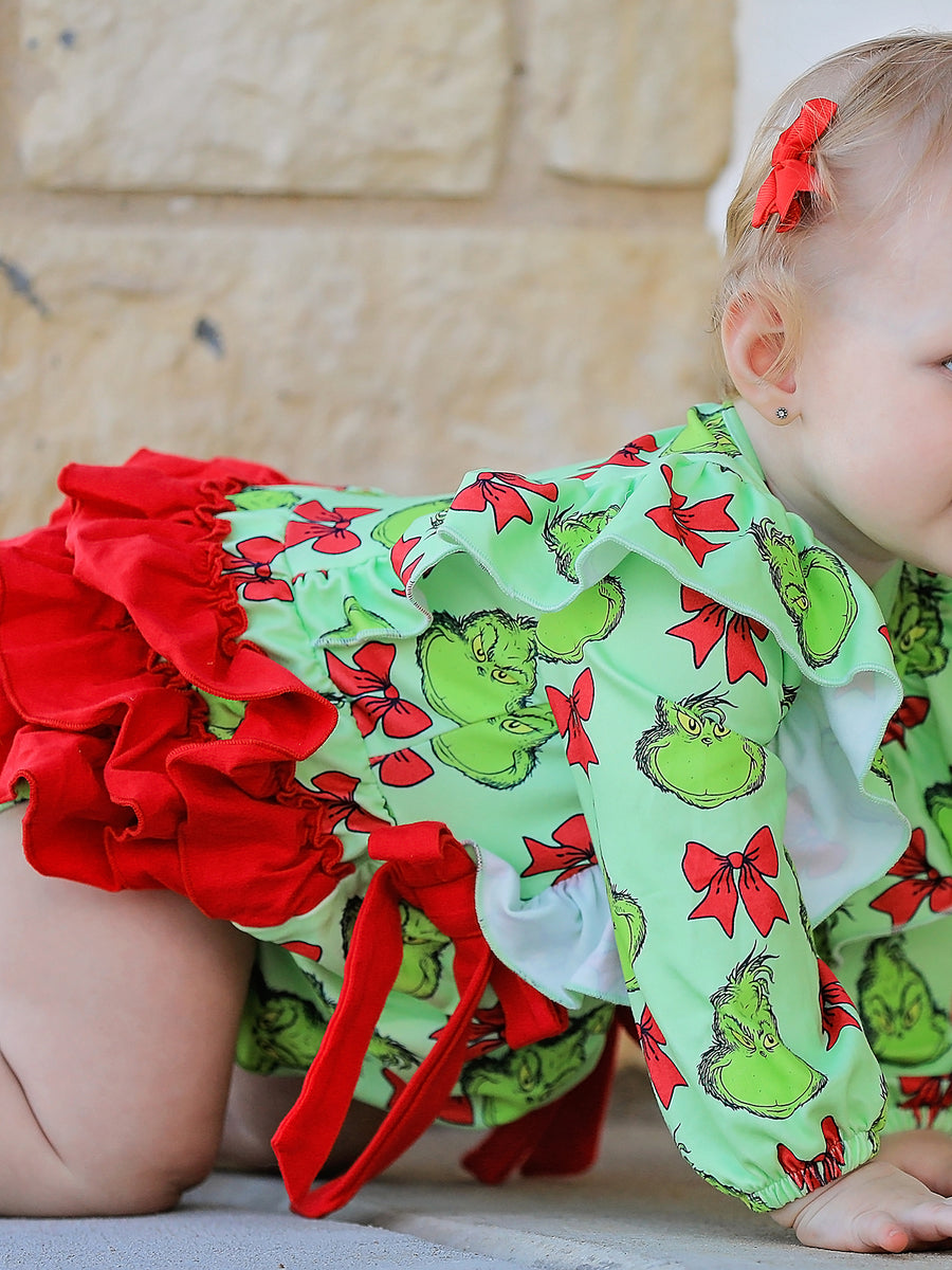 Christmas Baby Girls Romper with Character Print and Red Bows