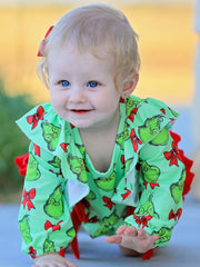 Christmas Baby Girls Romper with Character Print and Red Bows