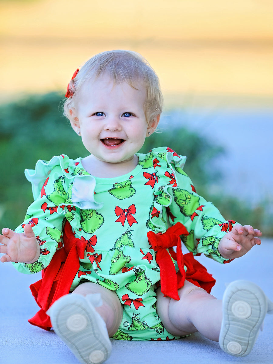 Christmas Baby Girls Romper with Character Print and Red Bows