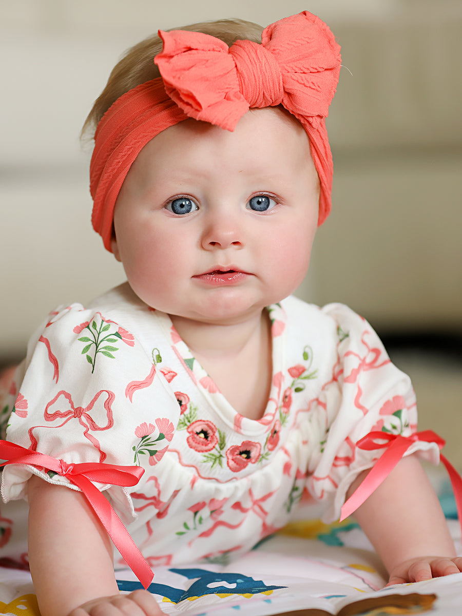 Spring Floral Smocking Embroidery Bow Baby Girls Romper