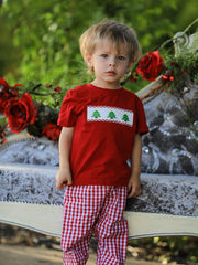 Christmas Smocking Embroidered Christmas Tree Plaid Boys Set