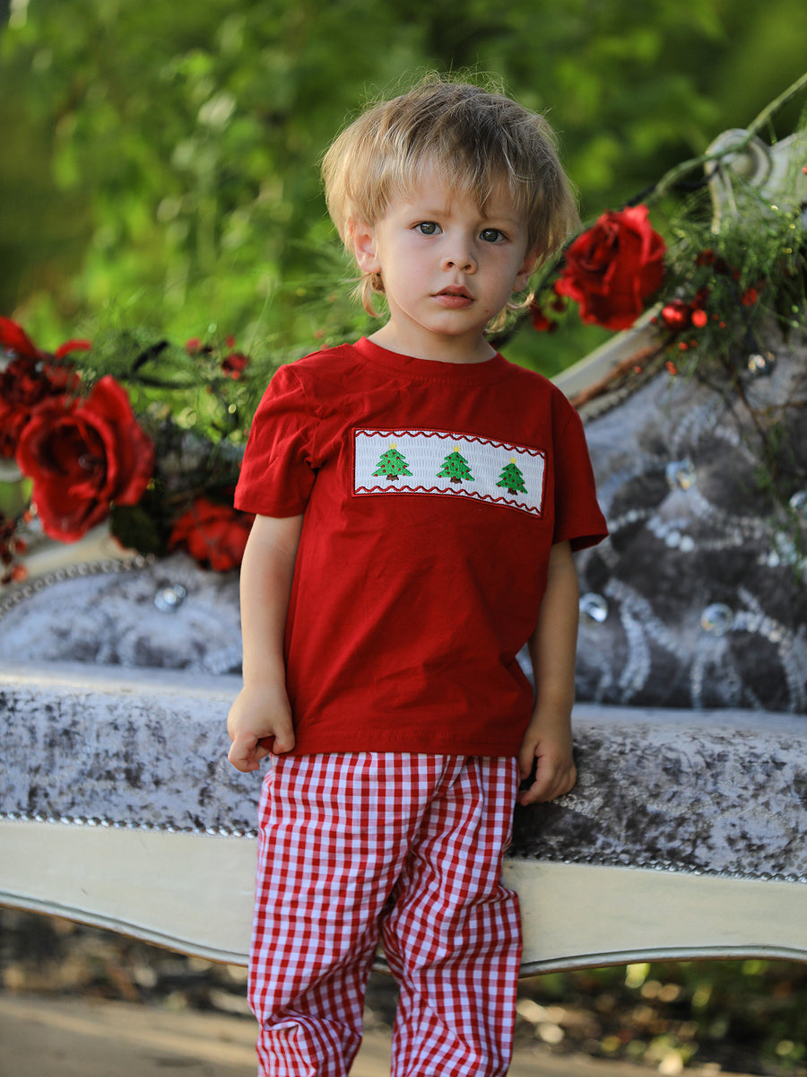 Christmas Smocking Embroidered Christmas Tree Plaid Boys Set