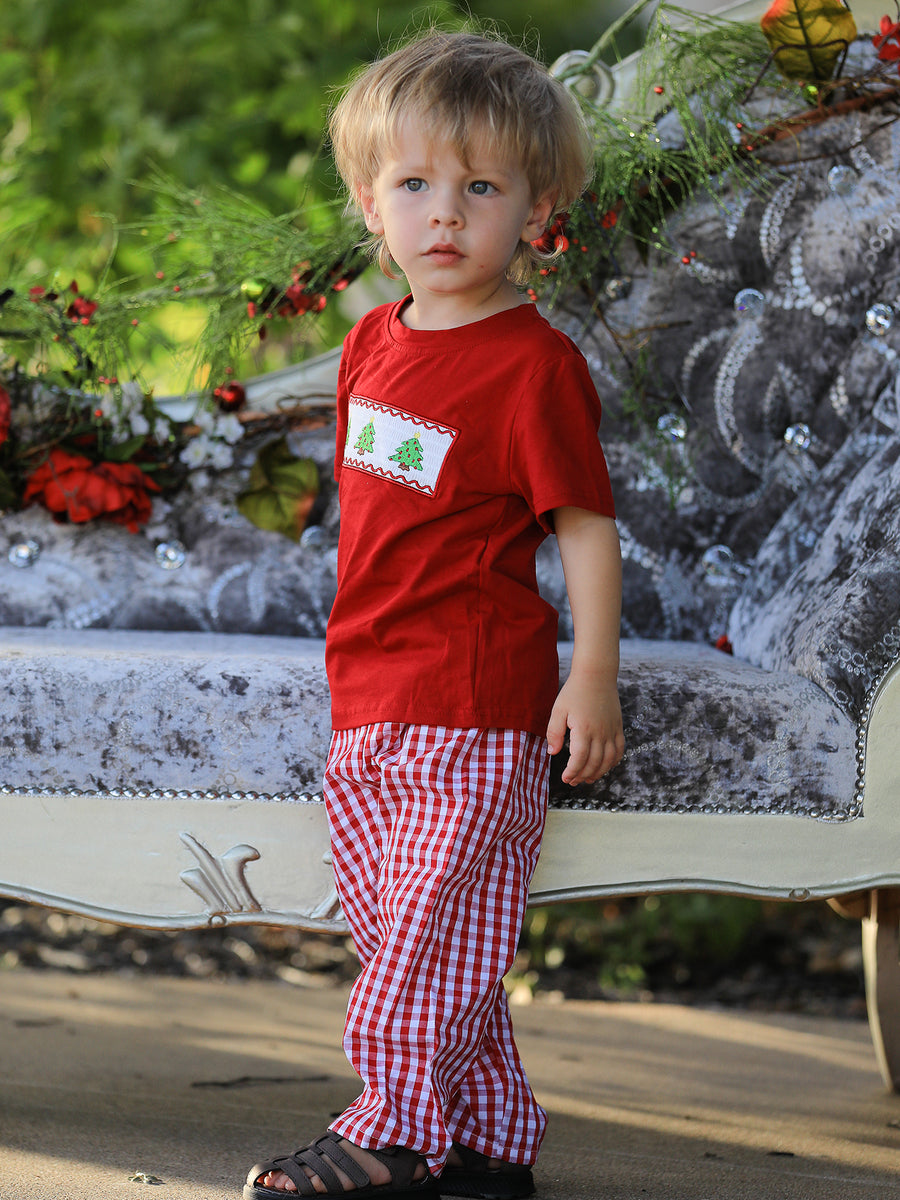 Christmas Smocking Embroidered Christmas Tree Plaid Boys Set