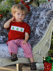 Christmas Smocking Embroidered Christmas Tree Plaid Boys Set