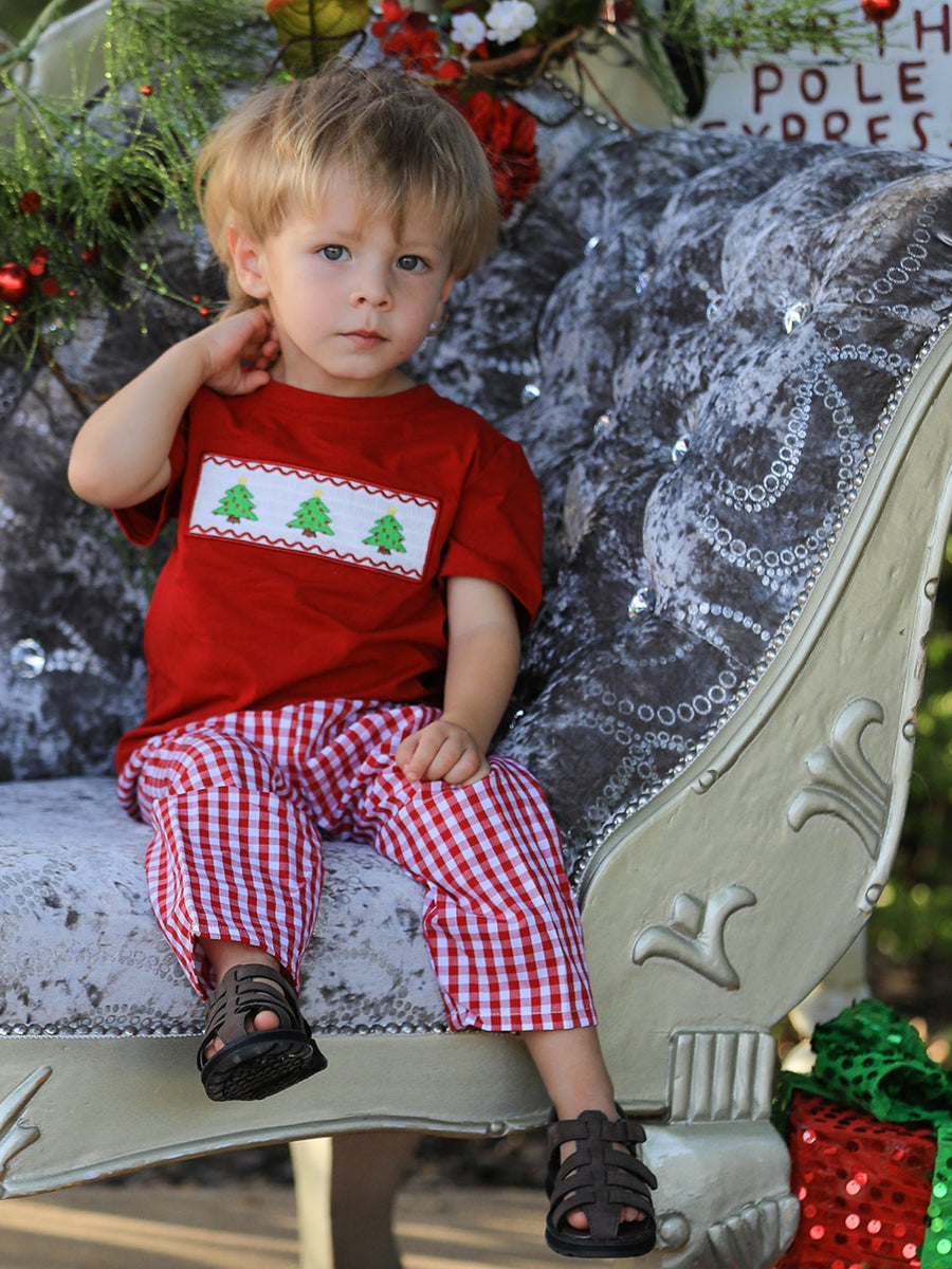 Christmas Smocking Embroidered Christmas Tree Plaid Boys Set