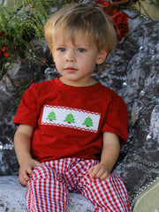 Christmas Smocking Embroidered Christmas Tree Plaid Boys Set