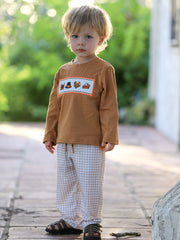 Thanksgiving Boys Embroidered Shirt Gingham Pants Set Fall Outfit