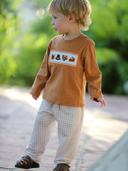 Thanksgiving Boys Embroidered Shirt Gingham Pants Set Fall Outfit