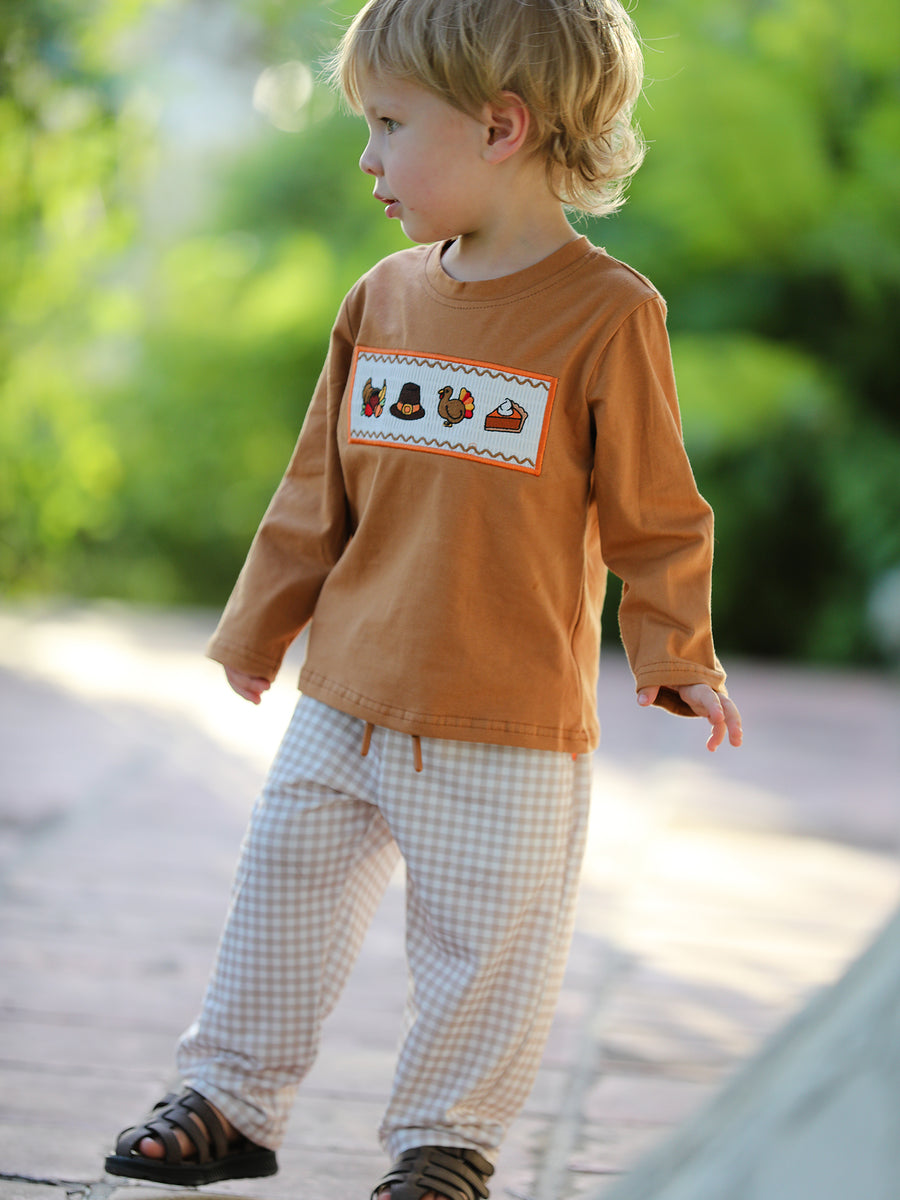 Thanksgiving Boys Embroidered Shirt Gingham Pants Set Fall Outfit