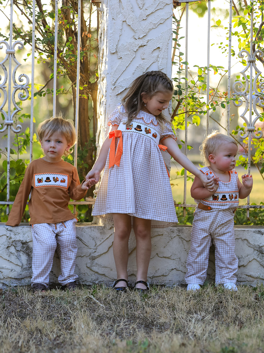 Thanksgiving Boys Embroidered Shirt Gingham Pants Set Fall Outfit
