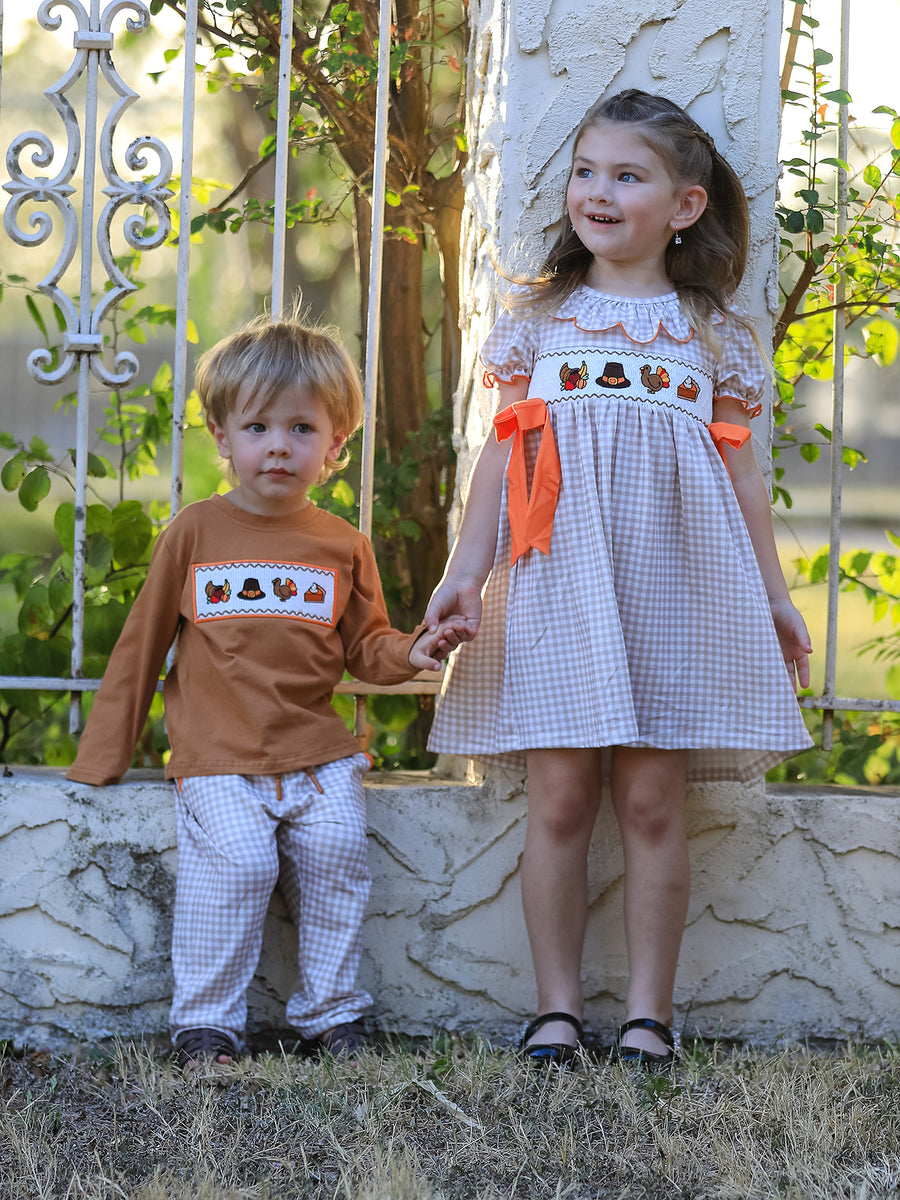 Thanksgiving Boys Embroidered Shirt Gingham Pants Set Fall Outfit