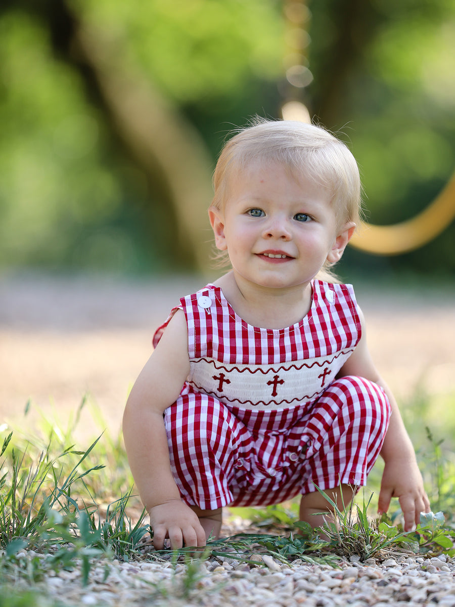 Red Plaid Smocked Church Christ Bishop Christening Baby Boys' Romper
