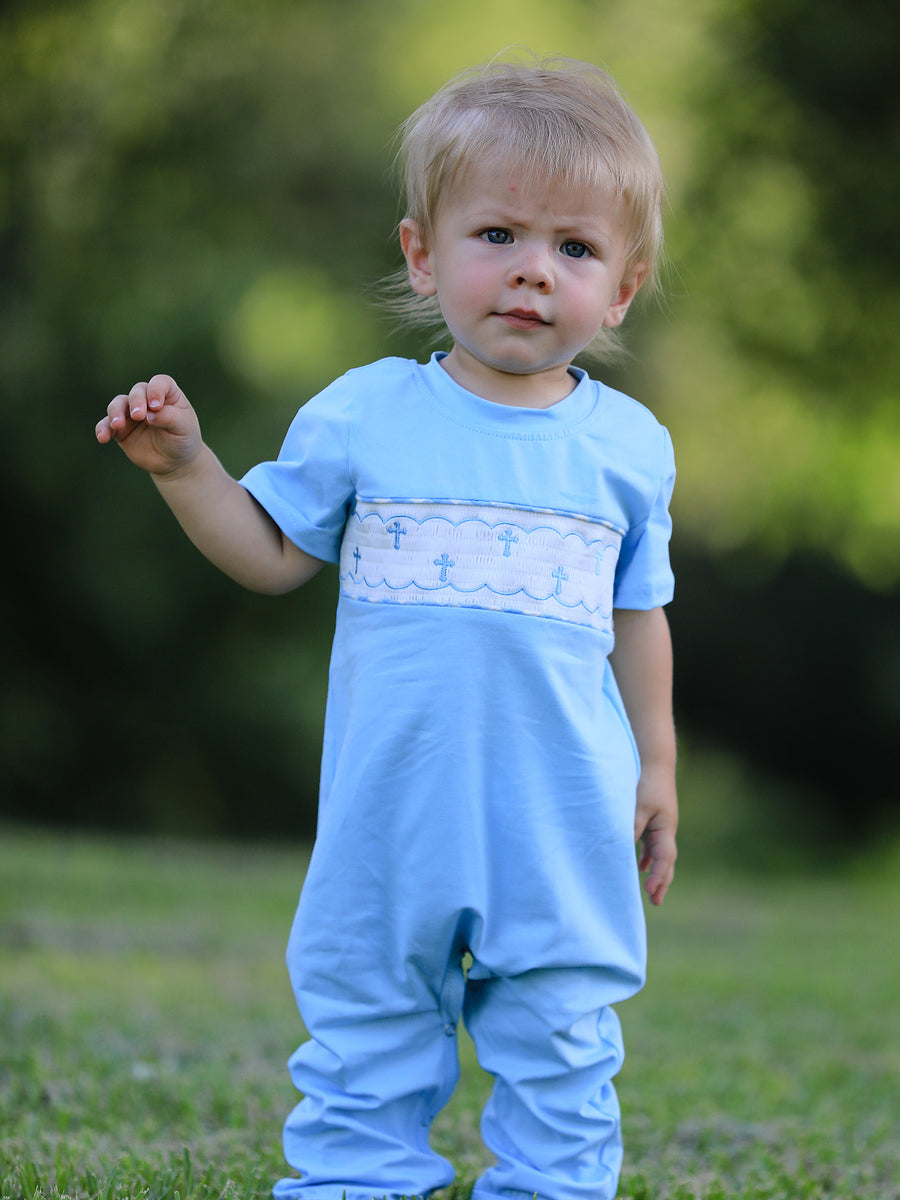 Blue Smocked Church Christ Bishop Christening Baby Boys' Romper