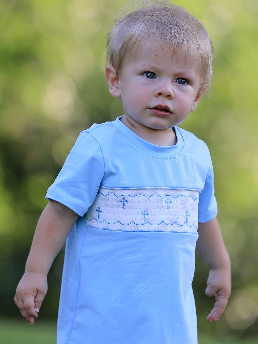 Blue Smocked Church Christ Bishop Christening Baby Boys' Romper