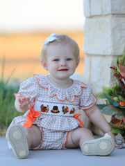 Thanksgiving Smocked Girls Dress Bloomer Set Turkey Embroidery