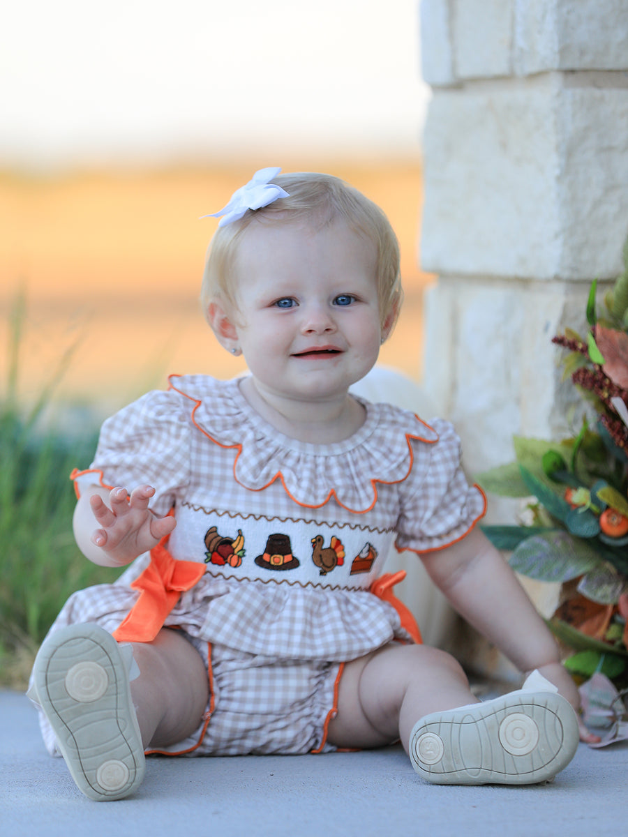 Thanksgiving Smocked Girls Dress Bloomer Set Turkey Embroidery