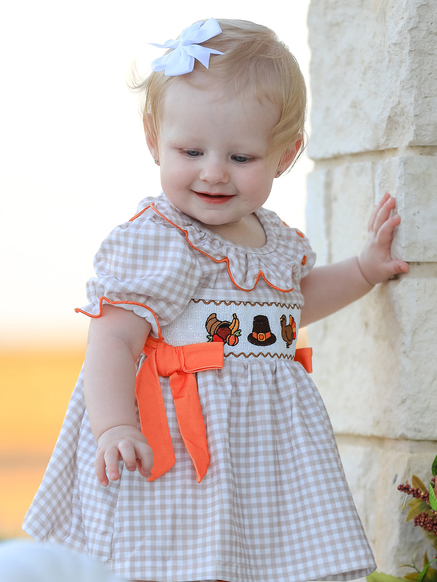 Thanksgiving Smocked Girls Dress Bloomer Set Turkey Embroidery