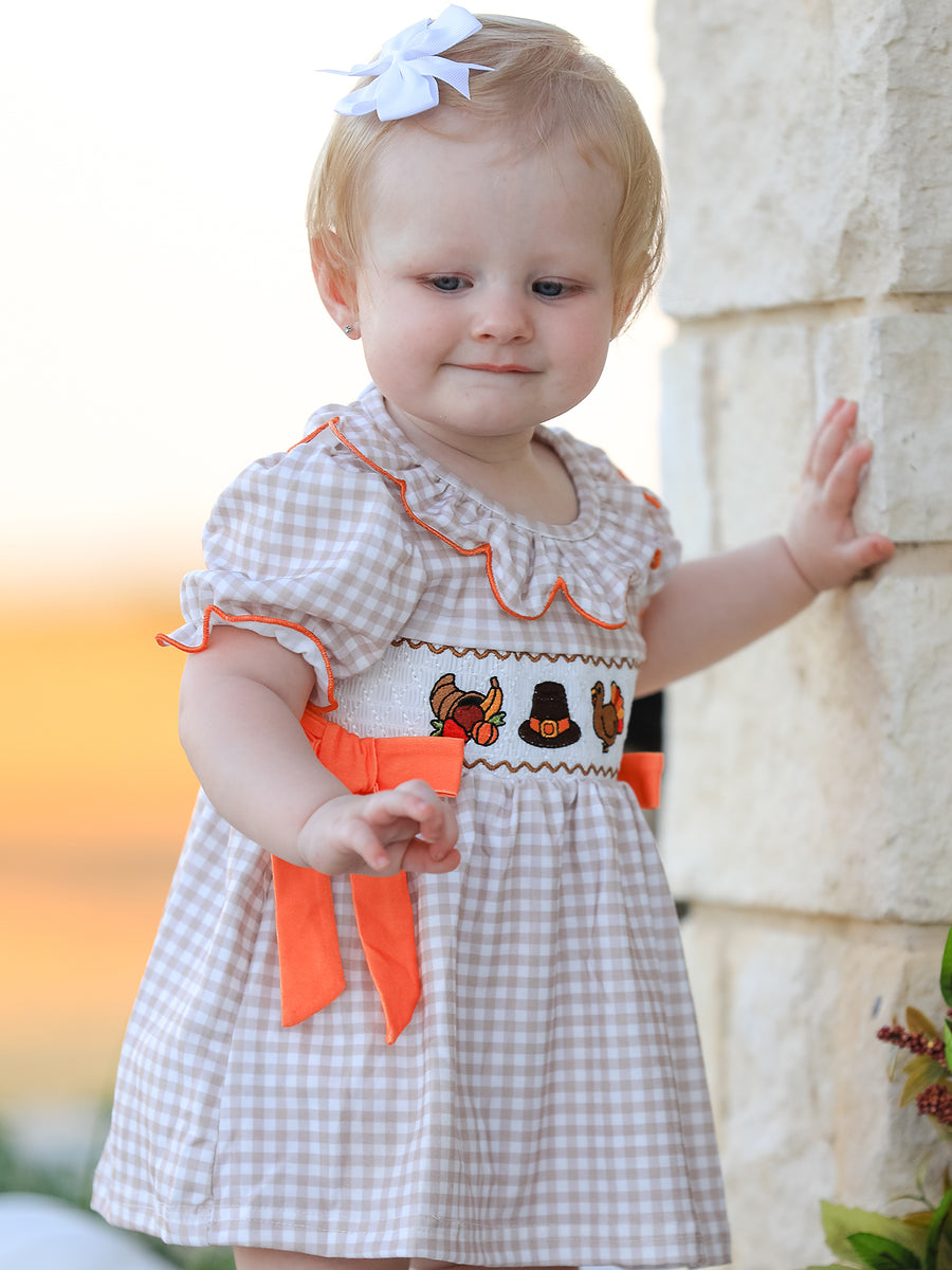 Thanksgiving Smocked Girls Dress Bloomer Set Turkey Embroidery