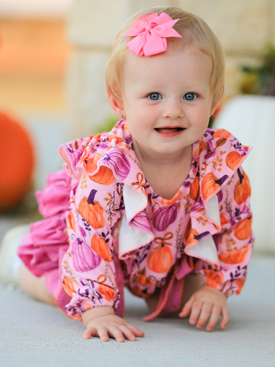 Halloween Thanksgiving Pumpkin Girls Romper with Ruffle Bow