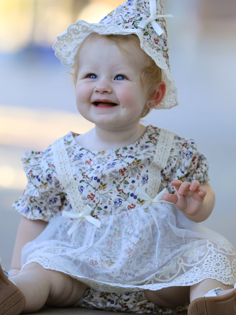 Floral Lace Baby Girl Romper With Bow Ruffle And Hat