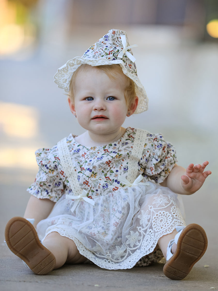 Floral Lace Baby Girl Romper With Bow Ruffle And Hat