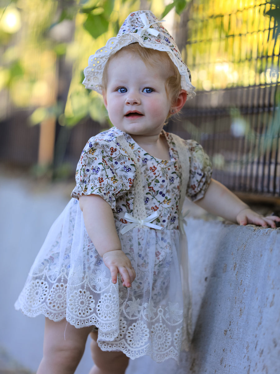 Floral Lace Baby Girl Romper With Bow Ruffle And Hat
