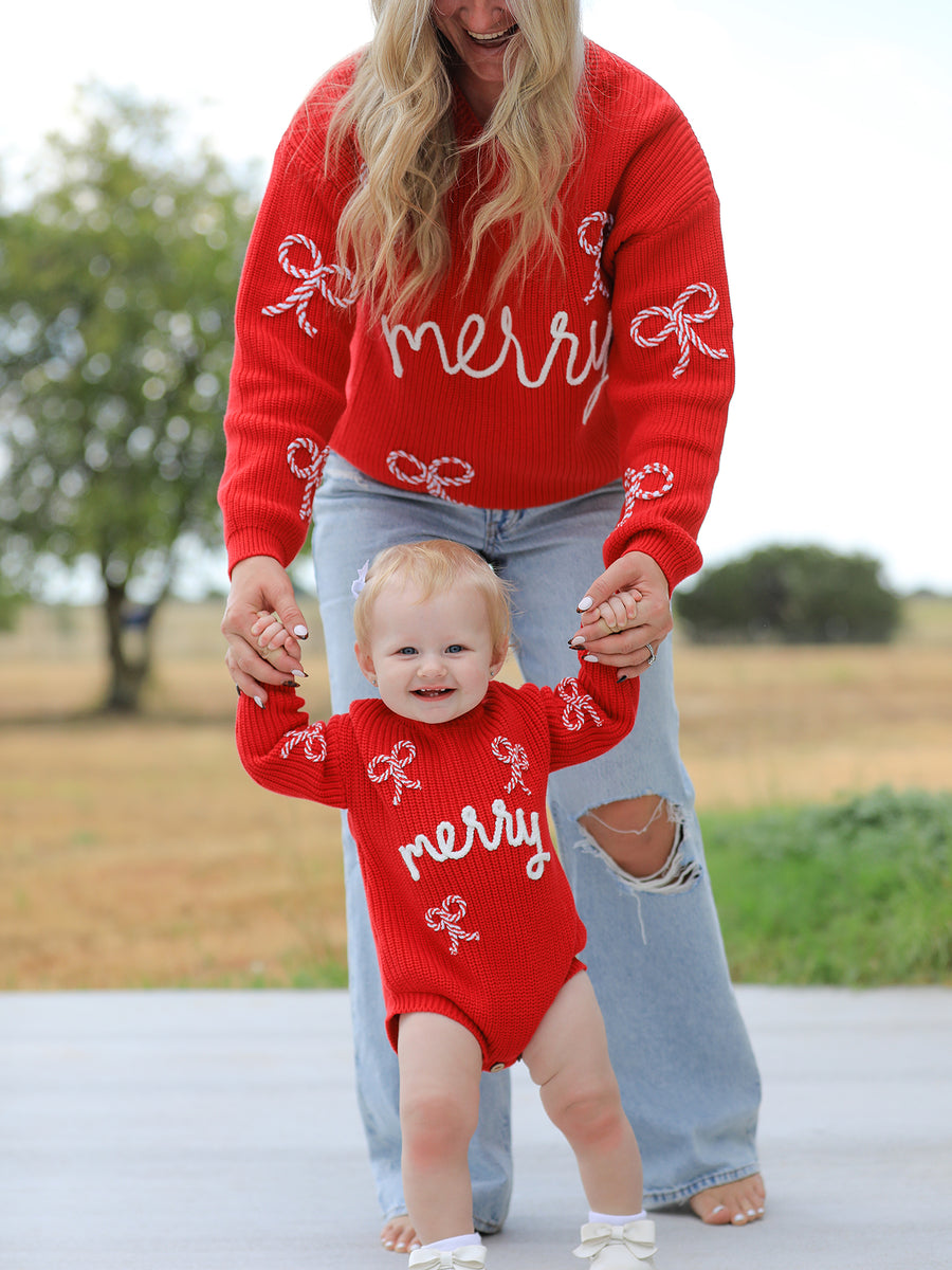 Christmas Candy Cane Merry Knit Baby Romper