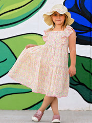 Spring Floral Girls Ruffle Dress With Bow Straw Hat Set