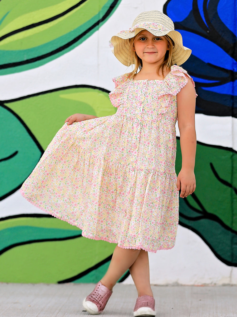 Spring Floral Girls Ruffle Dress With Bow Straw Hat Set