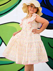 Spring Floral Girls Ruffle Dress With Bow Straw Hat Set