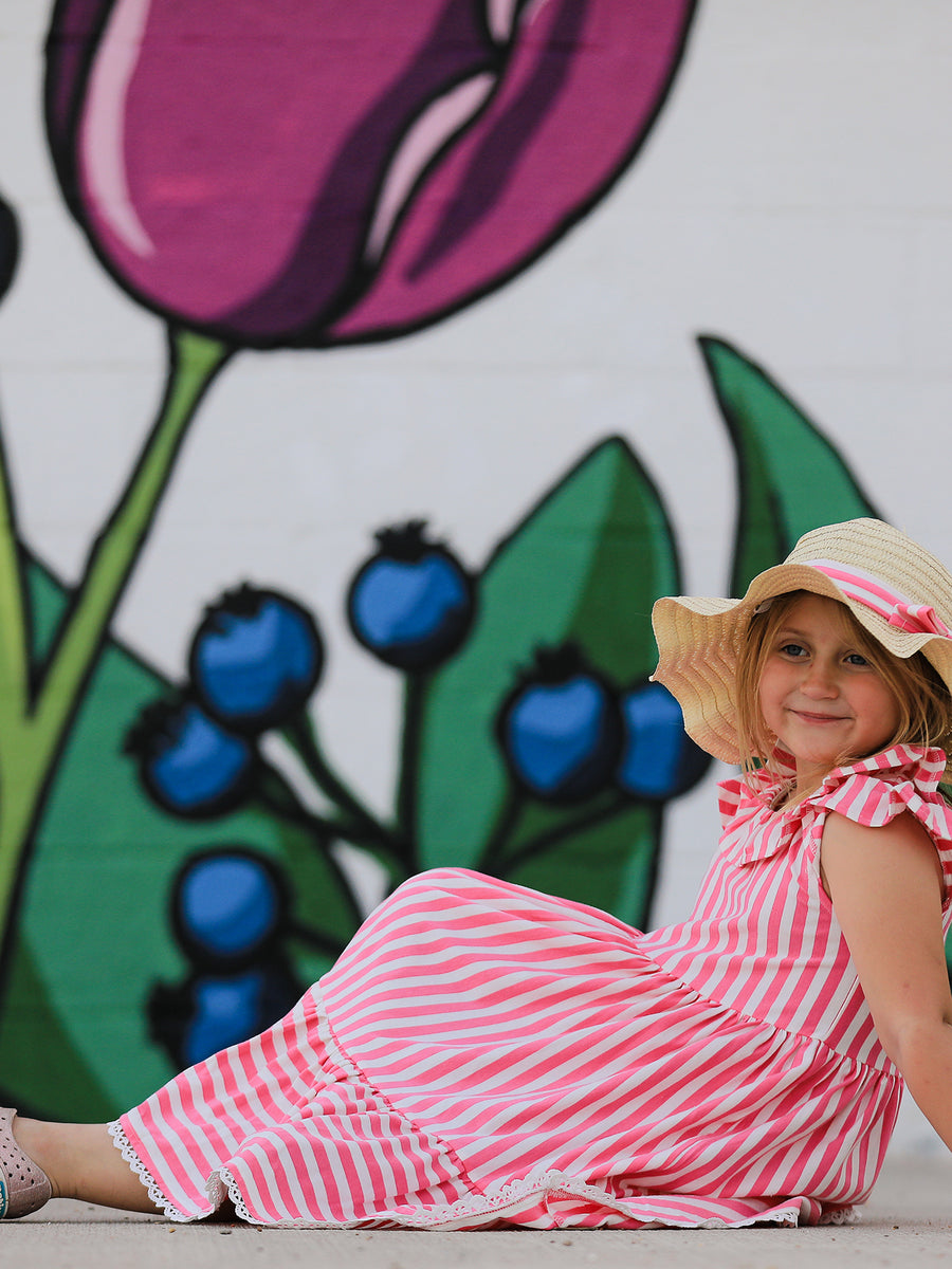 Spring  Pink Striped Ruffled Girls' Dress with Hat