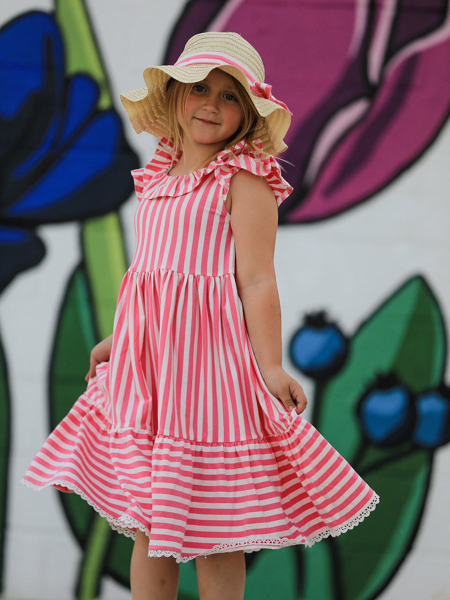 Spring  Pink Striped Ruffled Girls' Dress with Hat