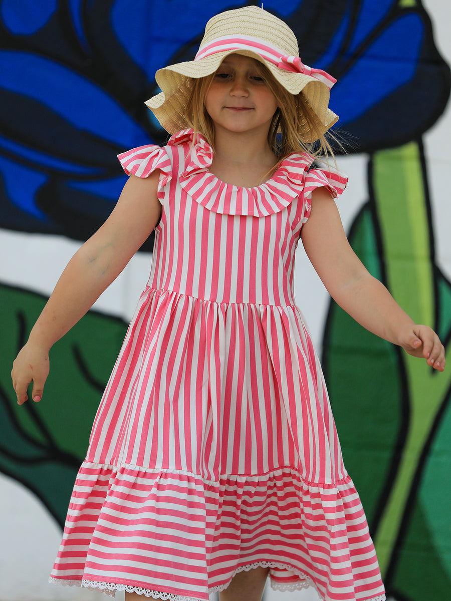 Spring Pink Striped Ruffled Girls' Dress with Hat 6 Spring Pink Striped Ruffled Girls' Dress with Hat 6