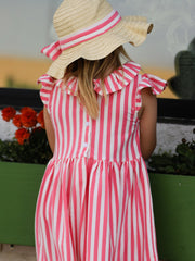 Spring  Pink Striped Ruffled Girls' Dress with Hat