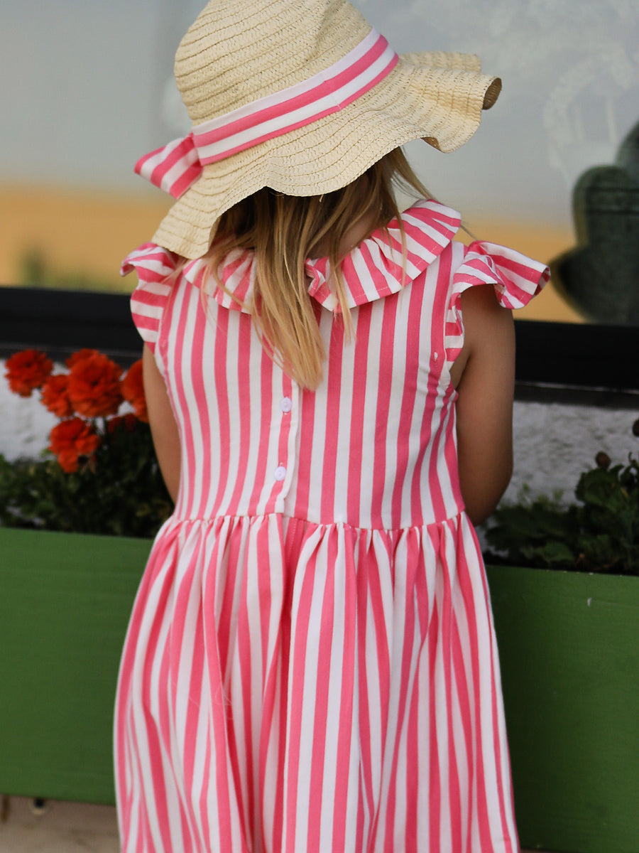 Spring  Pink Striped Ruffled Girls' Dress with Hat