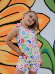 Rainbow Easter Egg Print Bow Sleeveless Vest Top and Shorts Set
